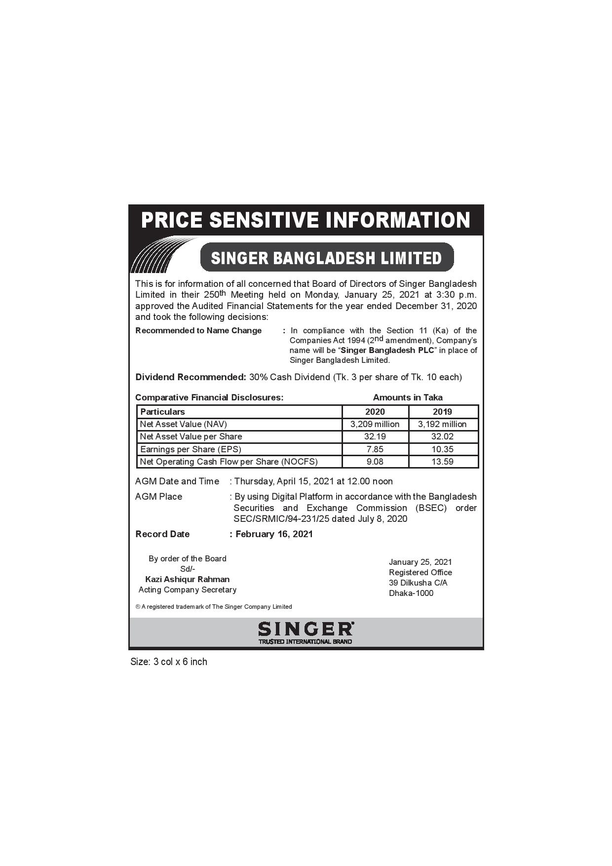 Price Sensitive Informations | SingerBD